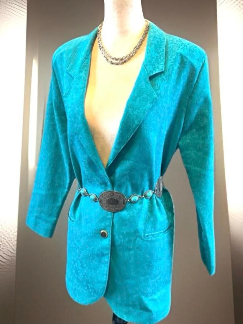 Women's Turquoise Floral Jacquard Blazer - Tailored Teal Jacket